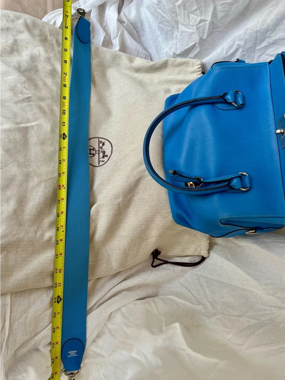 Authentic Hermès Toolbox 26 Blue Swift Leather Palladium Hardware Shoulder Bag